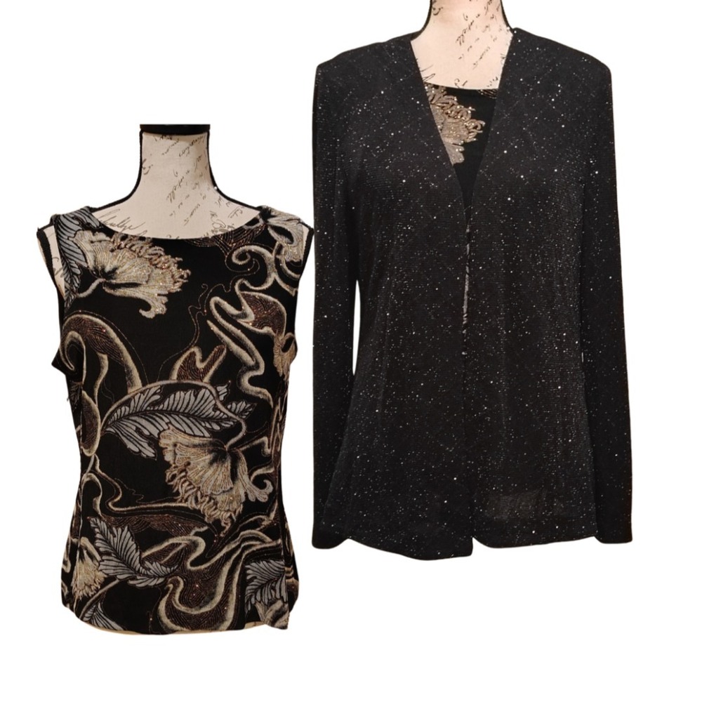 Vintage Alex Evenings 2-Pc Set Large Sheer Glitter Jacket & Floral Tank Top NWOT